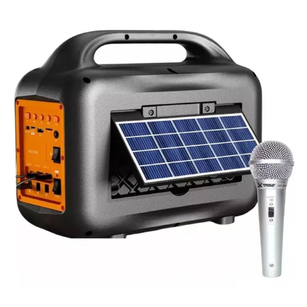 PARLANTE CON MICROFONO SOLAR , POWER BANK , LINTERNA Y FOCO