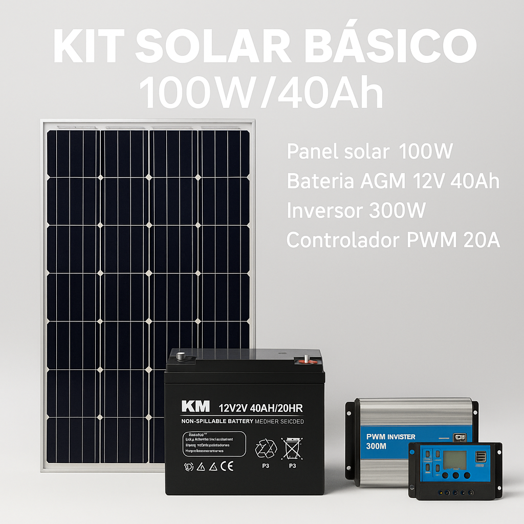 KIT SOLAR PANEL 100W + BATERIA AGM 40Ah + INVERSOR 300W + CONTROLADOR PWM 20A